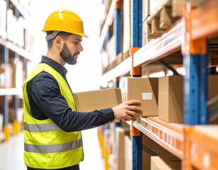 Male warehouse worker wea safety helmet and vest organizing cardboard boxes on industrial metal shelving in logistics distribution center