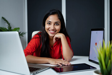 Professional Indian woman working with data on laptop at her desk, smiling at camera while analyzing charts and graphs for business or financial report in office
