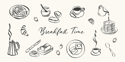 Whimsical breakfast doodles. Italian food with la dolce vita aesthetic in simple crayon and sketch style. Trendy art for menus and dinner brunch invitations. Hand drawn vector illustration