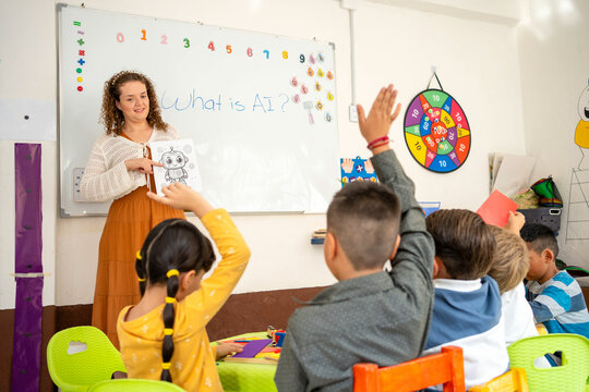 teacher asks 'What is AI?' on whiteboard while young children raise hands, preschool kindergarten or elementary school students learning AI, early introduction to artificial intelligence