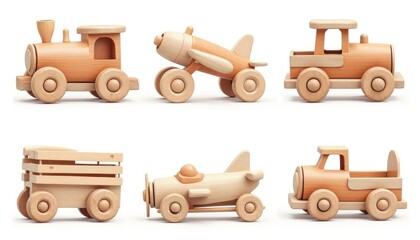 Wooden toy vehicles in various shapes.