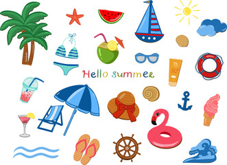 Summer travel beach holiday set vector illustration