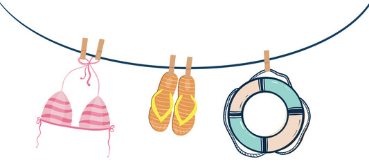 Summer beach holiday concept. Swimsuit, slippers and lifebuoy on rope with clothespins vector