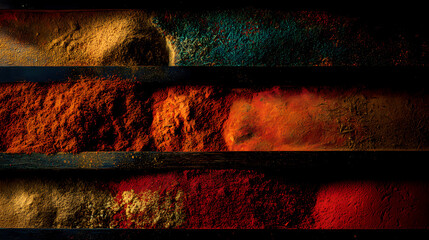 Colorful spices in wooden compartments