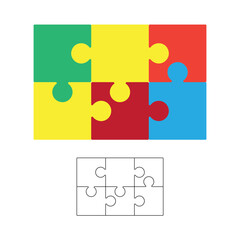 Jigsaw puzzle background, blank 2x3 puzzle template, colorful isolated on white, vector illustration.