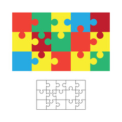 Jigsaw puzzle background, blank 3x5 puzzle template, colorful isolated on white, vector illustration.