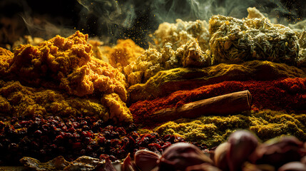 Assorted aromatic spices and herbs with smoke effect