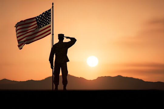 A American soldier silhouette saluting at sunset, USA flag waving high, Independence Day honor - Powered by Adobe