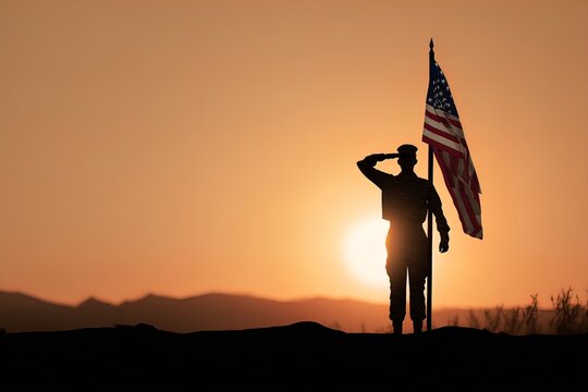 A American soldier silhouette saluting at sunset, USA flag waving high, Independence Day honor - Powered by Adobe