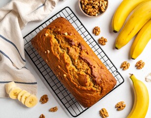 Top-down view of a golden banana bread loaf on a wire cooling rack, surrounded by bananas and walnuts