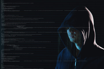 Cyber attack. Anonymous hacker and digital code on virtual screen against black background