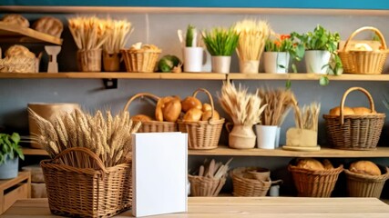 Charming bakery display featuring wheat stalks, breads, shelves and a blank white card for customizable messaging