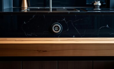 A sleek black granite kitchen its edges honed to a mirror sheen revealed a marvel of modern engineering � a retractable steel electric socket a hidden gem of functionality  Beneath this culinary maste