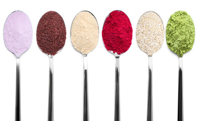 Different superfood powders in spoons on white background, collage. Top view