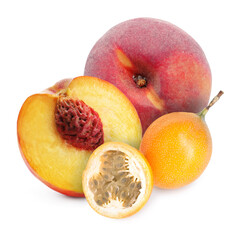 Tasty ripe passion and peach fruits on white background