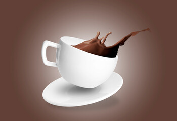 Tasty chocolate milk splashing out from cup on brown gradient background