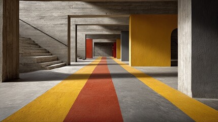 A long, subtly lit concrete corridor features a striped floor in yellow, red, and grey, punctuated by colored walls and a staircase.  Arched doorways and concrete pillars add architectural interest