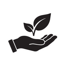 Black silhouette of a hand holding a plant with two leaves against a white background isolated view