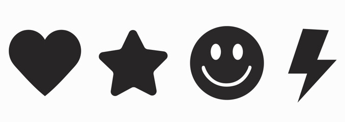 Four simple black icons in a row against a white background with a heart star smile and lightning