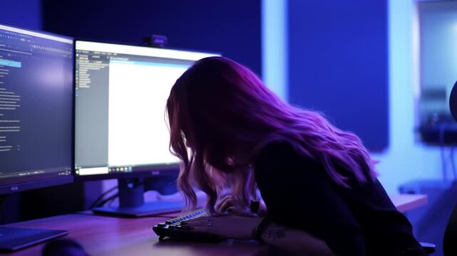 Focused coder refactoring application on dual monitors in a modern workspace