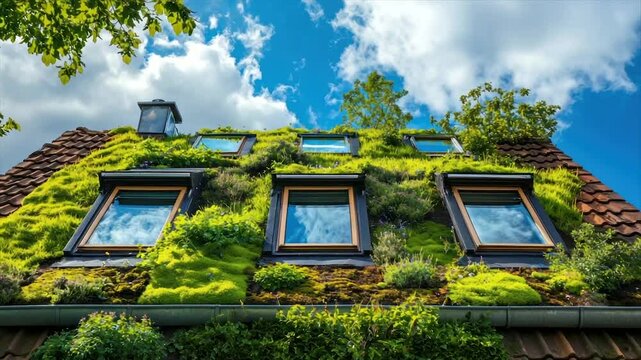 Green roof with dormer windows, lush vegetation, and blue sky