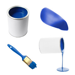 Blue paint. Collage with cans and brush on white background