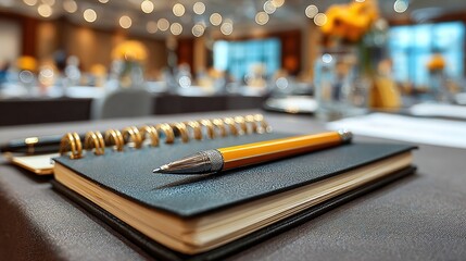 Business agenda briefing shorthand note in seminar workshop or convention hall meeting room with pencil on notepad for taking note on desk and blur people background. High quality