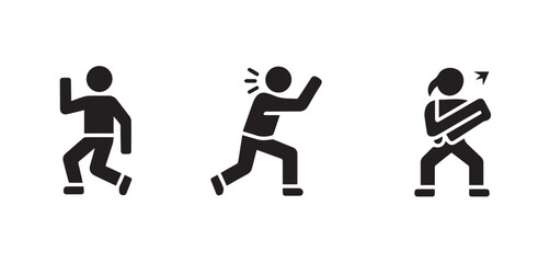 Three stick figures showing different poses and movements on a plain white background in a simple design