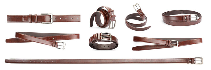 Brown leather belt on white background, collage