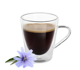 Chicory drink in glass cup and flower isolated on white