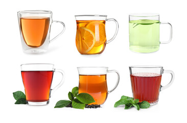 Different types of tea in glass cups isolated on white, set