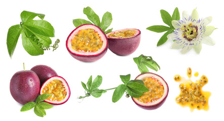 Passion fruits, flower and green leaves isolated on white, set