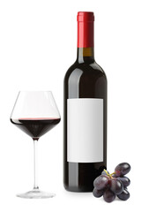 Luxurious red wine in bottle with blank label, glass and grapes isolated on white
