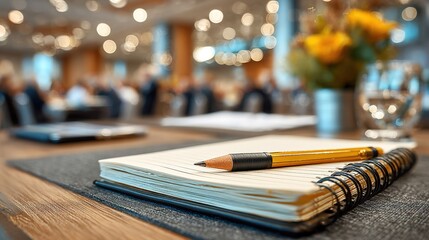 Business agenda briefing shorthand note in seminar workshop or convention hall meeting room with pencil on notepad for taking note on desk and blur people background. High quality