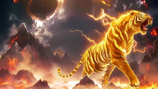 A fiery tiger with lightning energy surrounded by rigid burning mountains and fire