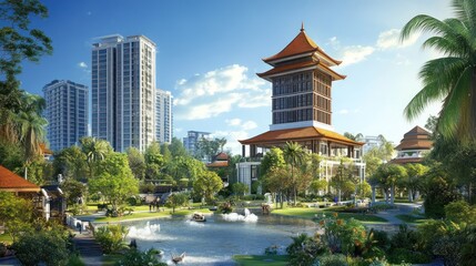 Obraz premium Architectural harmony cityscape showcasing traditional and modern building styles