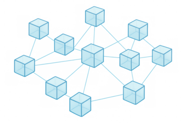Interconnected transparent cubes forming a complex network, symbolizing data flow or blockchain technology on a transparent background