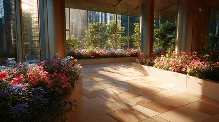 Sunlit indoor garden with flowering plants in rectangular planters, situated in a modern building with large windows showcasing a city view at sunrise