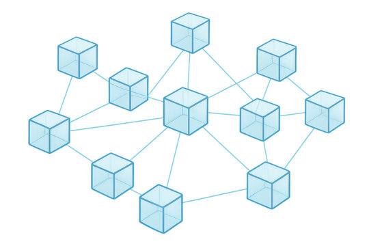 Interconnected transparent cubes forming a complex network, symbolizing data flow or blockchain technology on a transparent background