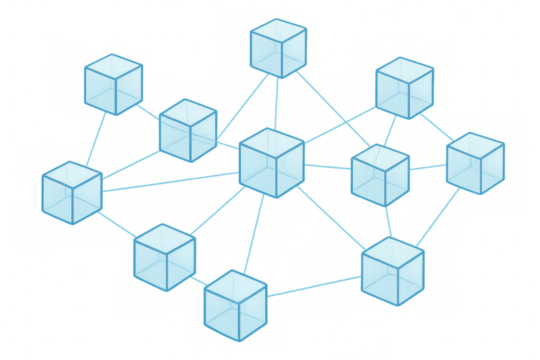 Interconnected transparent cubes forming a complex network, symbolizing data flow or blockchain technology on a transparent background