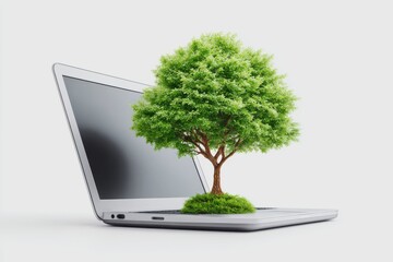 Startup founder Concept. A vibrant green tree grows from the center of an open laptop, symbolizing eco-friendly technology and digital sustainability.