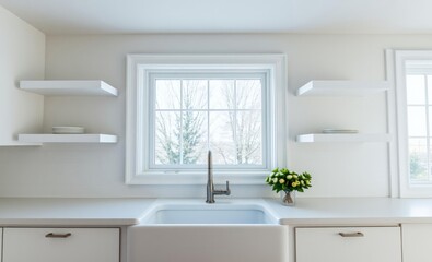 Fototapeta premium A pristine white farmhouse sink sits in front of a large kitchen window flanked by sleek white floating shelves Above a white subway tile backsplash adds a touch of elegance to the space The kitchen i