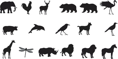 Naklejka premium Black Animal Silhouette Collection in Grid Layout Featuring Diverse Wildlife