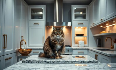A sleek Scandinavian kitchen unfolds its white cabinets gleaming under the glow of modern lighting Within a fluffy tabby cat perched majestically atop a granite countertop steals the show Brass accent