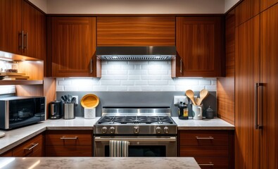 A culinary haven where sleek wood cabinets adorned with under cabinet lighting a stainless steel stovetop and a subway tile backsplash met in a symphony of modern design inviting the creation of culin