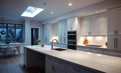 A sleek minimalist kitchen its quartz island a beacon of modern elegance framed by pristine white shaker cabinets creating an inviting and spacious culinary haven