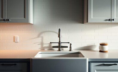 Fototapeta premium A pristine kitchen sink adorned with white cabinets and a farmhouse apron stands against a sleek white subway tile backsplash a testament to modern elegance and functionality