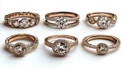 Naklejka premium Rose gold diamond rings with various settings.