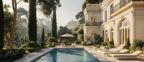 Opulent villa retreat with a stunning pool and luxurious landscaping on a sun-kissed day