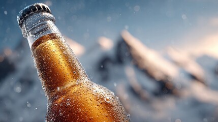 Cold Beer Bottle in Snowy Mountains